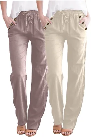 FZYLQY 2PC Womens Casual Loose Elastic Waist Linen Pants 2025 Loose Fit Trousers with Pockets Loose Flowy Yoga Sweatpants