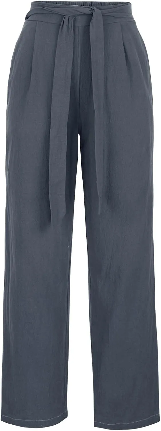FZYLQY Linen Pants for Women Wide Leg Lounge Pants with Pockets Lightweight High Waisted Adjustable Tie Knot Loose Trousers