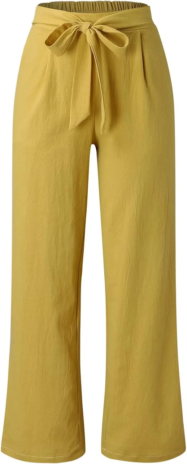 FZYLQY Linen Pants for Women Wide Leg Lounge Pants with Pockets Lightweight High Waisted Adjustable Tie Knot Loose Trousers