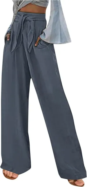 FZYLQY Linen Pants for Women Wide Leg Lounge Pants with Pockets Lightweight High Waisted Adjustable Tie Knot Loose Trousers