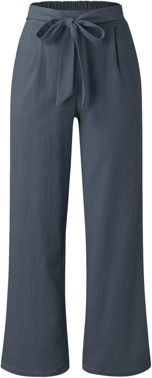 FZYLQY Linen Pants for Women Wide Leg Lounge Pants with Pockets Lightweight High Waisted Adjustable Tie Knot Loose Trousers