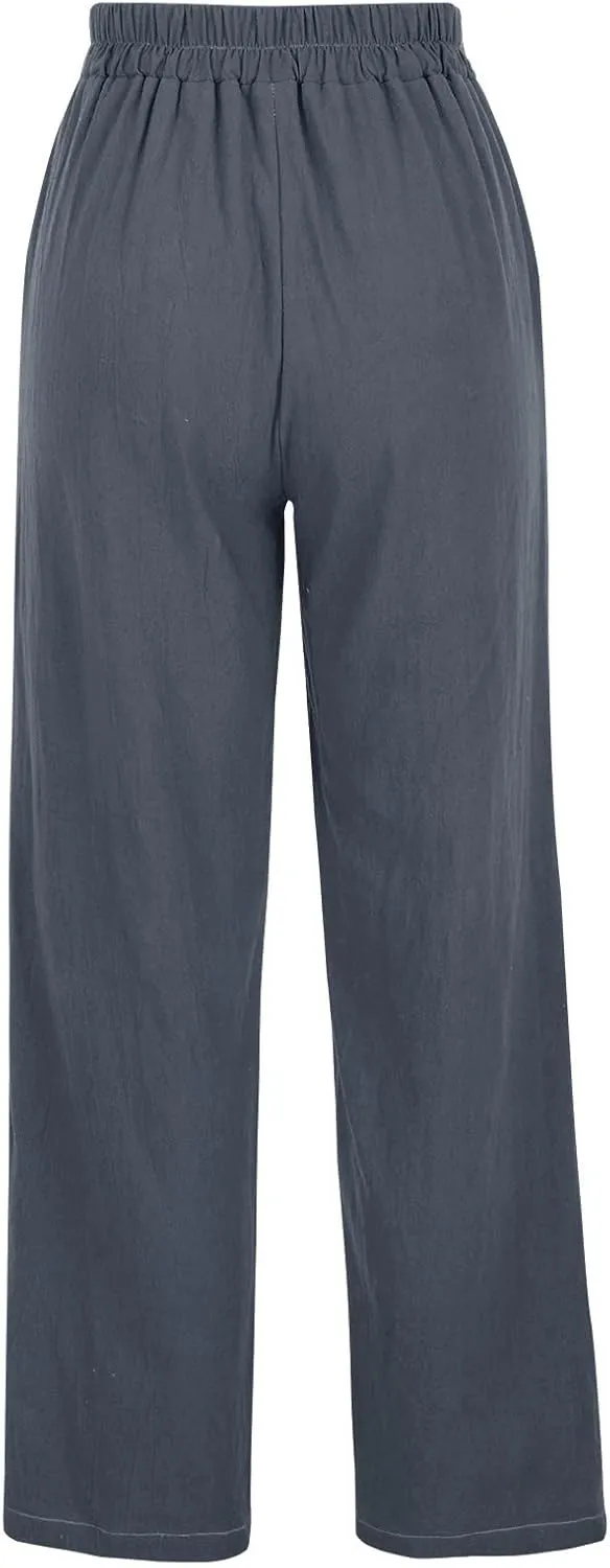 FZYLQY Linen Pants for Women Wide Leg Lounge Pants with Pockets Lightweight High Waisted Adjustable Tie Knot Loose Trousers
