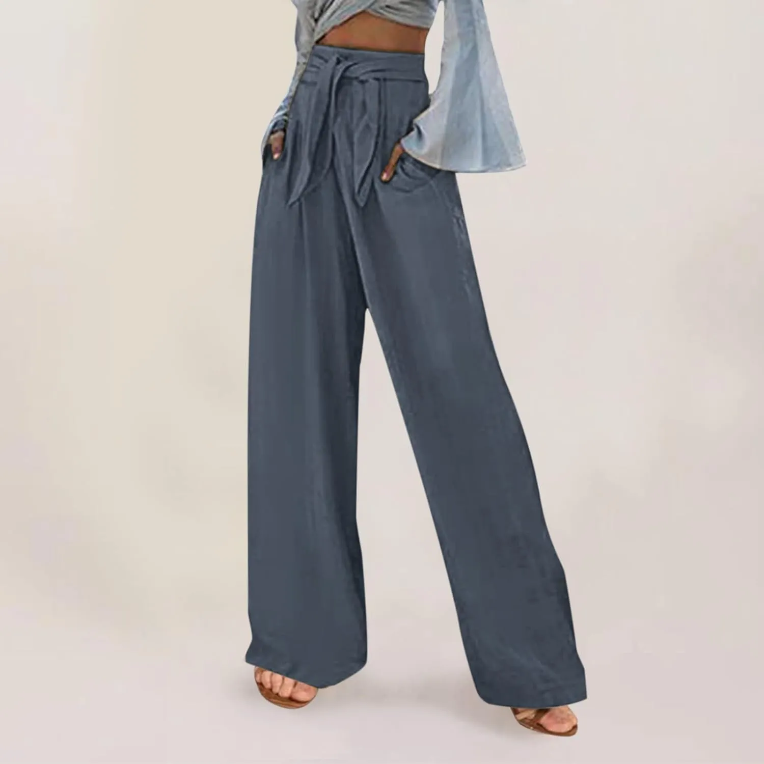 FZYLQY Linen Pants for Women Wide Leg Lounge Pants with Pockets Lightweight High Waisted Adjustable Tie Knot Loose Trousers