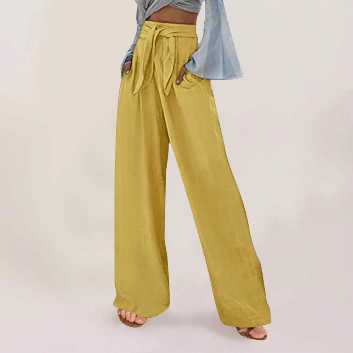 FZYLQY Linen Pants for Women Wide Leg Lounge Pants with Pockets Lightweight High Waisted Adjustable Tie Knot Loose Trousers