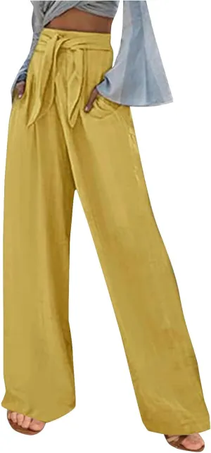 FZYLQY Linen Pants for Women Wide Leg Lounge Pants with Pockets Lightweight High Waisted Adjustable Tie Knot Loose Trousers