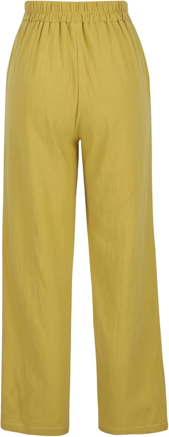 FZYLQY Linen Pants for Women Wide Leg Lounge Pants with Pockets Lightweight High Waisted Adjustable Tie Knot Loose Trousers