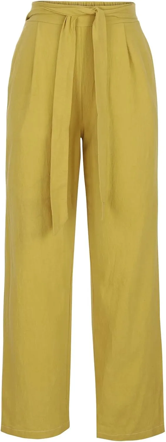 FZYLQY Linen Pants for Women Wide Leg Lounge Pants with Pockets Lightweight High Waisted Adjustable Tie Knot Loose Trousers