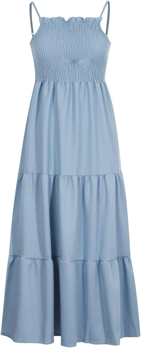 FZYLQY Womens Bohemian Dresses Spaghetti Strap Smocked Tiered Long Beach Sundresses Summer Sleeveless Solid Flowy Maxi Dress