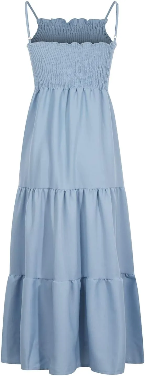 FZYLQY Womens Bohemian Dresses Spaghetti Strap Smocked Tiered Long Beach Sundresses Summer Sleeveless Solid Flowy Maxi Dress