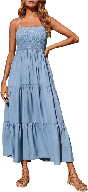 FZYLQY Womens Bohemian Dresses Spaghetti Strap Smocked Tiered Long Beach Sundresses Summer Sleeveless Solid Flowy Maxi Dress