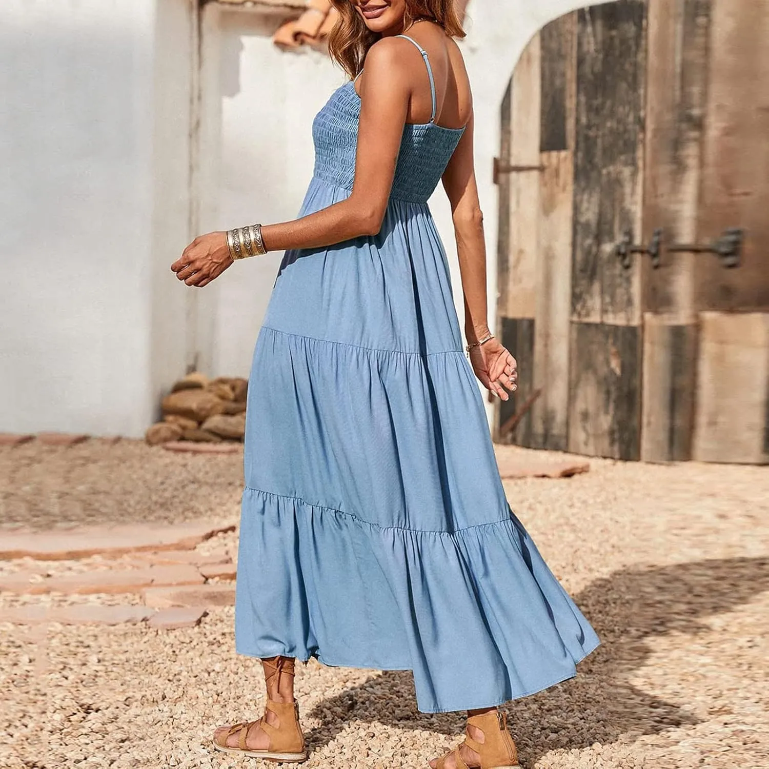FZYLQY Womens Bohemian Dresses Spaghetti Strap Smocked Tiered Long Beach Sundresses Summer Sleeveless Solid Flowy Maxi Dress