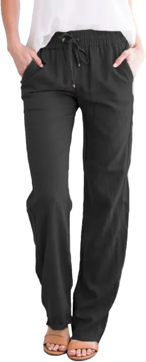 GIERIDUC Womens Casual Cotton Linen Pants Lightweight Summer Loose Fit Palazzo Elastic Waist Plus Size Solid Lounge Trousers