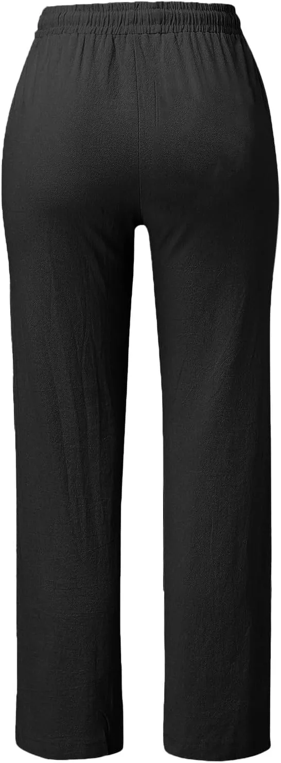 GIERIDUC Womens Casual Cotton Linen Pants Lightweight Summer Loose Fit Palazzo Elastic Waist Plus Size Solid Lounge Trousers