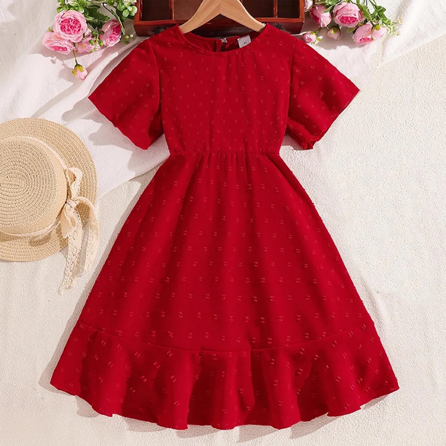 Girls' Dresses 2025 Summer Semi Formal Short Sleeve A Line Dress Cute Pleated Lapel Cotton Midi Dresses 8-13 Years