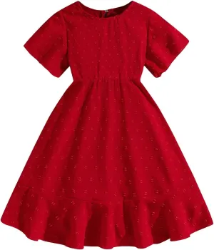 Girls' Dresses 2025 Summer Semi Formal Short Sleeve A Line Dress Cute Pleated Lapel Cotton Midi Dresses 8-13 Years