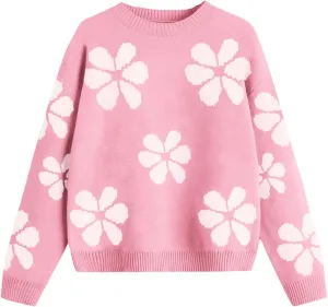 Girls Fall Sweaters Pattern Casual Crewneck Long Sleeve Knit Pullover Tops for Kids Size 5-14 Years