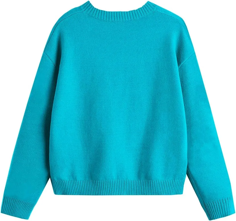 Girls Fall Sweaters Pattern Casual Crewneck Long Sleeve Knit Pullover Tops for Kids Size 5-14 Years