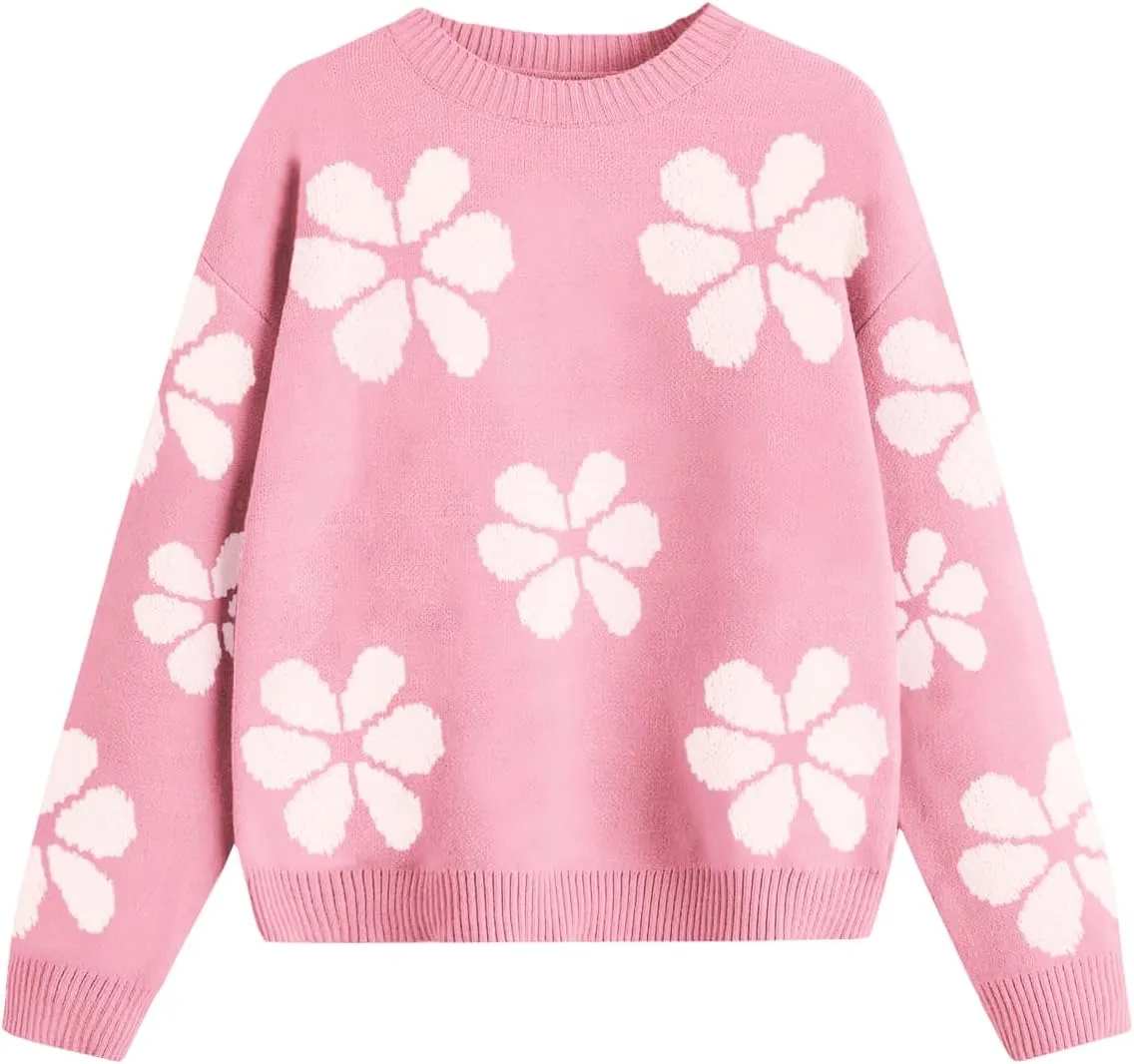 Girls Fall Sweaters Pattern Casual Crewneck Long Sleeve Knit Pullover Tops for Kids Size 5-14 Years
