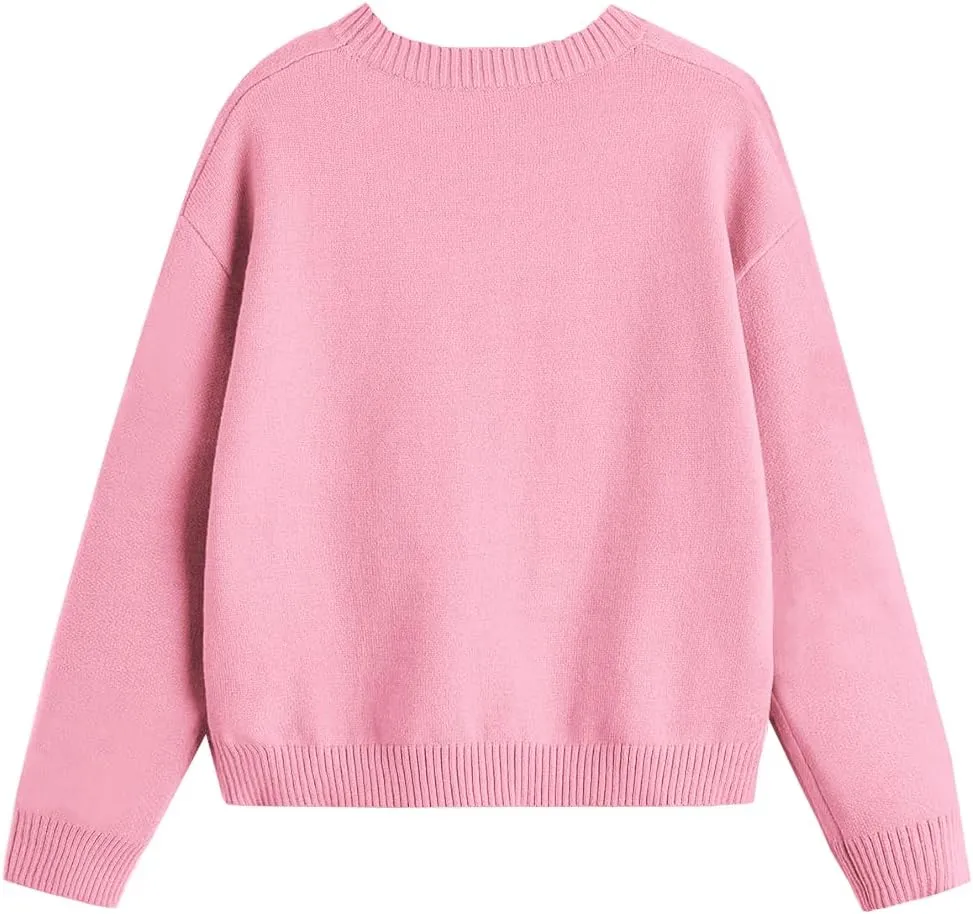 Girls Fall Sweaters Pattern Casual Crewneck Long Sleeve Knit Pullover Tops for Kids Size 5-14 Years