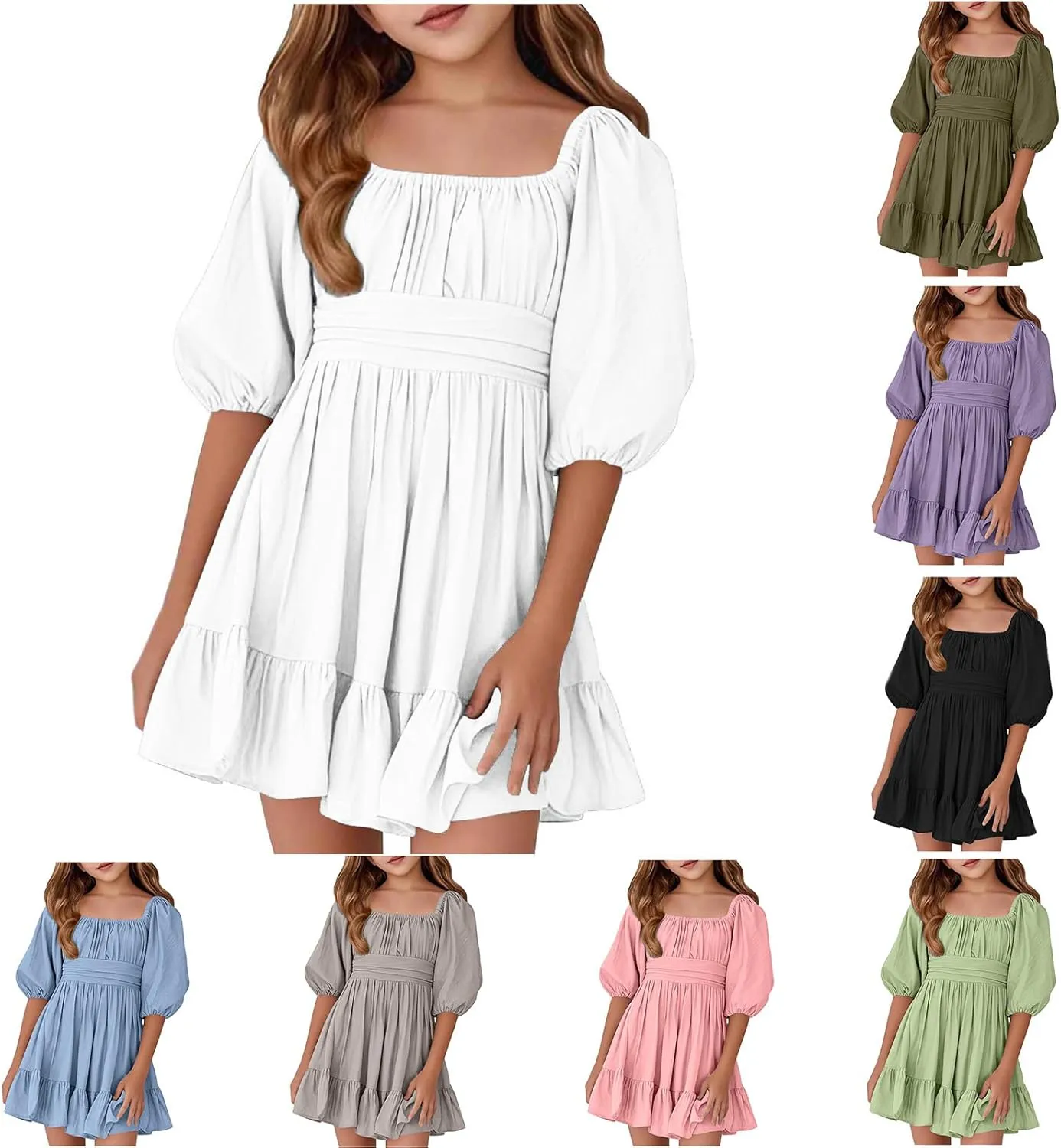 Girls Lantern Sleeve Tie Back Dresses Summer Casual Square Neck Backless Ruffle Dress A-Line Party Mini Dress