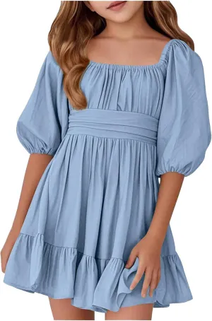 Girls Lantern Sleeve Tie Back Dresses Summer Casual Square Neck Backless Ruffle Dress A-Line Party Mini Dress