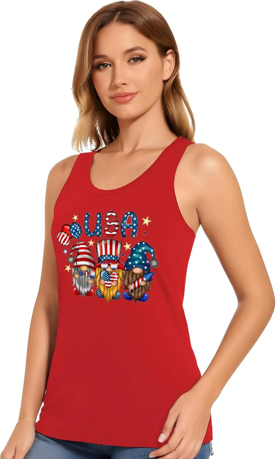 Gnome 4th of July Tank Top Women Patriotic USA Flag Shirt American Flag Sleeveless Tee