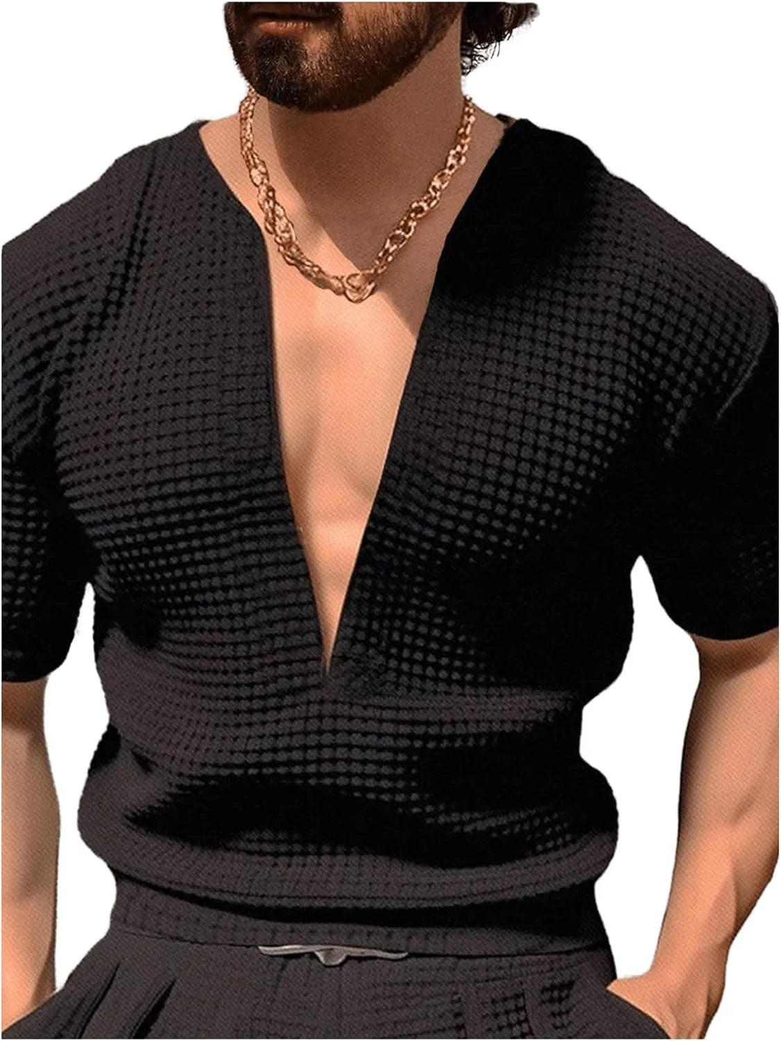 GORGLITTER Men's Deep V Neck Waffle Knit Shirt Casual Short Sleeve Solid Tee Shirts