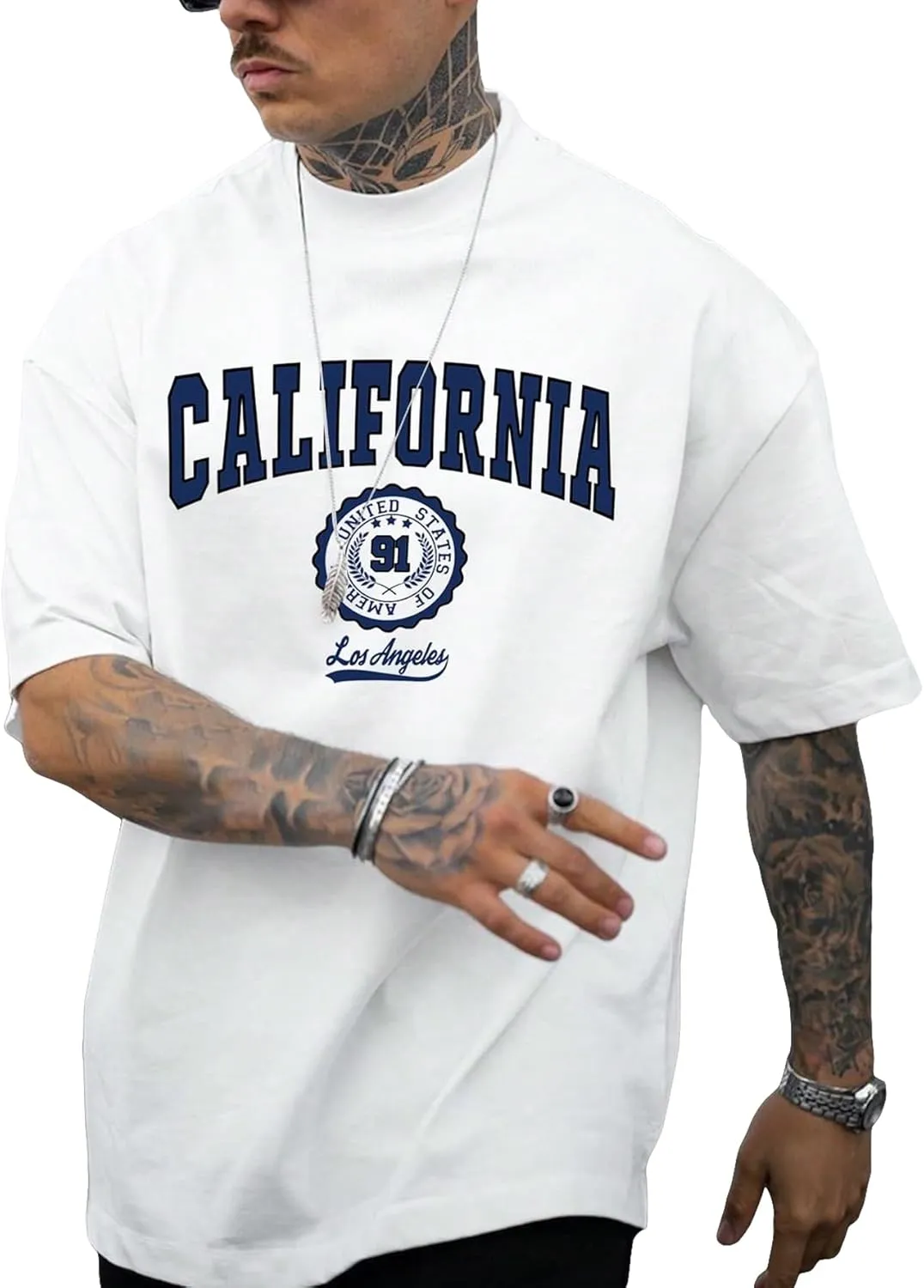 GORGLITTER Men's Letter Graphic Short Sleeve Crewneck T Shirt Casual Drop Shoulder Oversized Tee Top