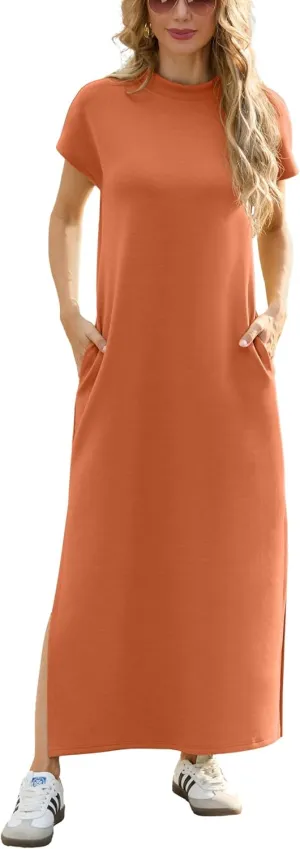GRECERELLE 2025 Women Summer Mock Neck Short Sleeve Casual Loose Split Wrinkle-Free Long Maxi Dress with Pockets