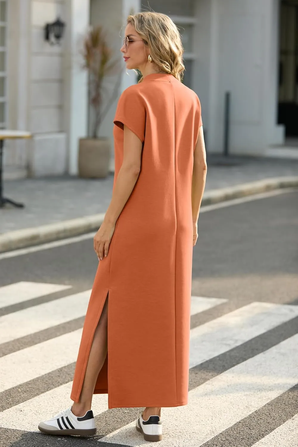 GRECERELLE 2025 Women Summer Mock Neck Short Sleeve Casual Loose Split Wrinkle-Free Long Maxi Dress with Pockets