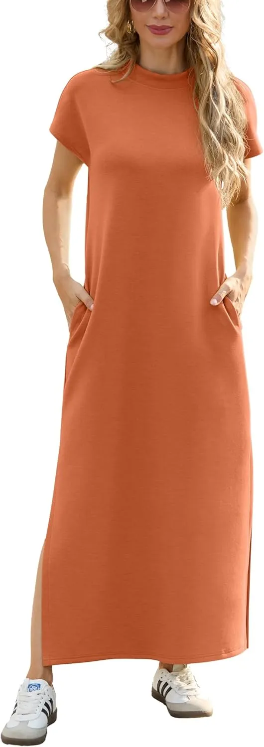GRECERELLE 2025 Women Summer Mock Neck Short Sleeve Casual Loose Split Wrinkle-Free Long Maxi Dress with Pockets