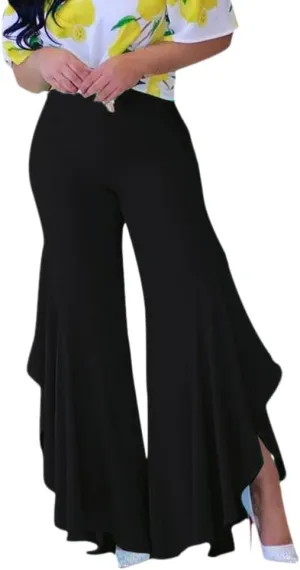 GUOLEZEEV Womens Elastic Waist Slit Flounce Flared Bottom Wide Leg Pants(5 Colors)