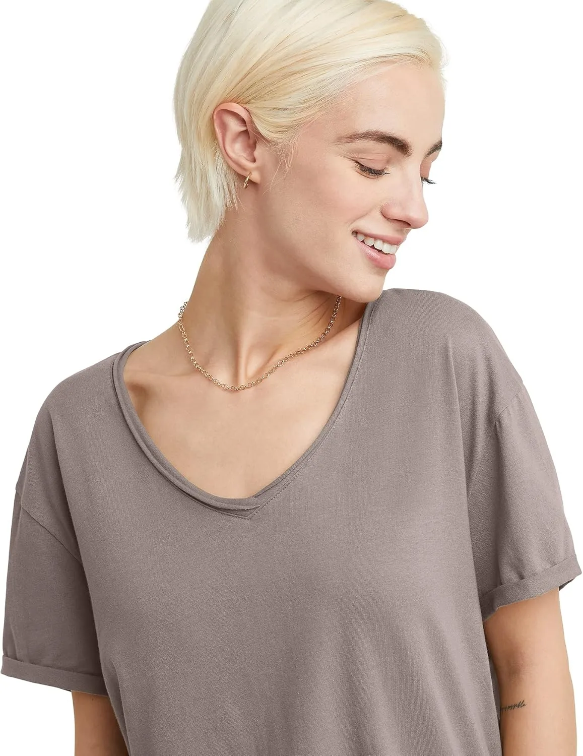 Hanes Women's Originals V-Neck Short Sleeve T-Shirt with Raw Edge, 100% Cotton Tee