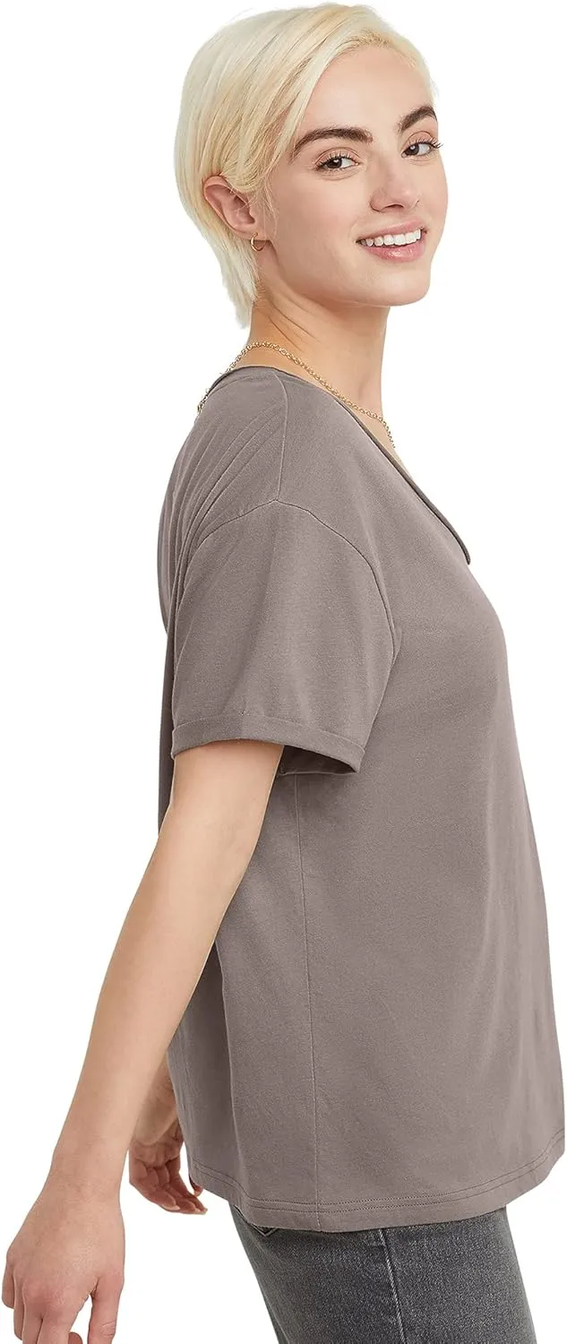 Hanes Women's Originals V-Neck Short Sleeve T-Shirt with Raw Edge, 100% Cotton Tee