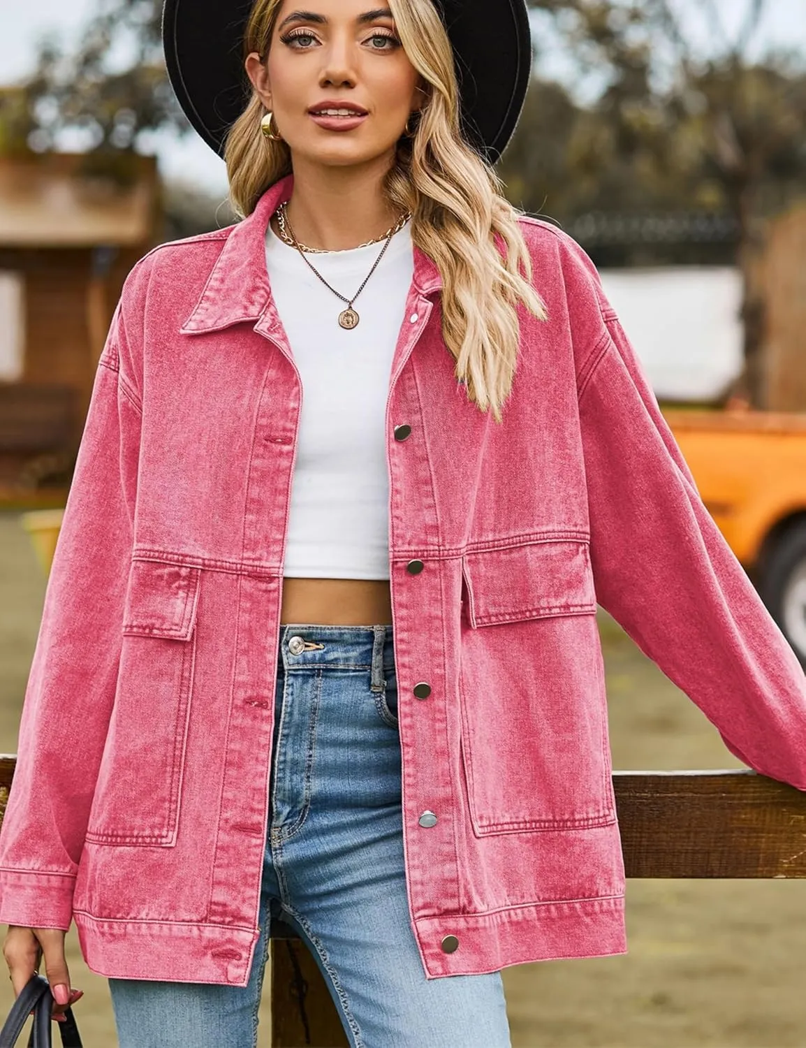 HangNiFang Aztec Denim Jacket Shacket for Women Button Down Vintage Distressed Blue Jean Jacket