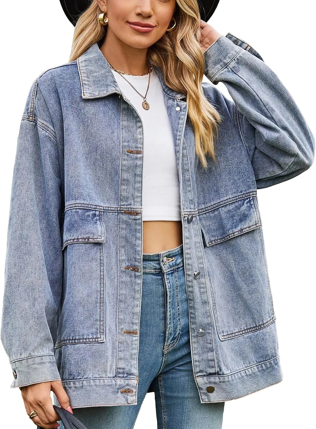 HangNiFang Aztec Denim Jacket Shacket for Women Button Down Vintage Distressed Blue Jean Jacket