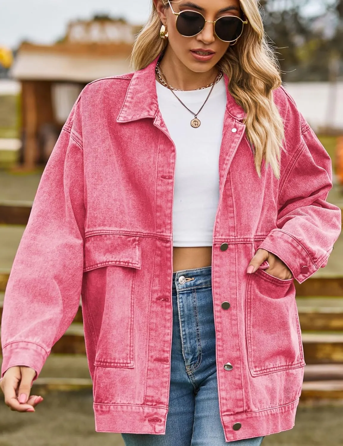 HangNiFang Aztec Denim Jacket Shacket for Women Button Down Vintage Distressed Blue Jean Jacket