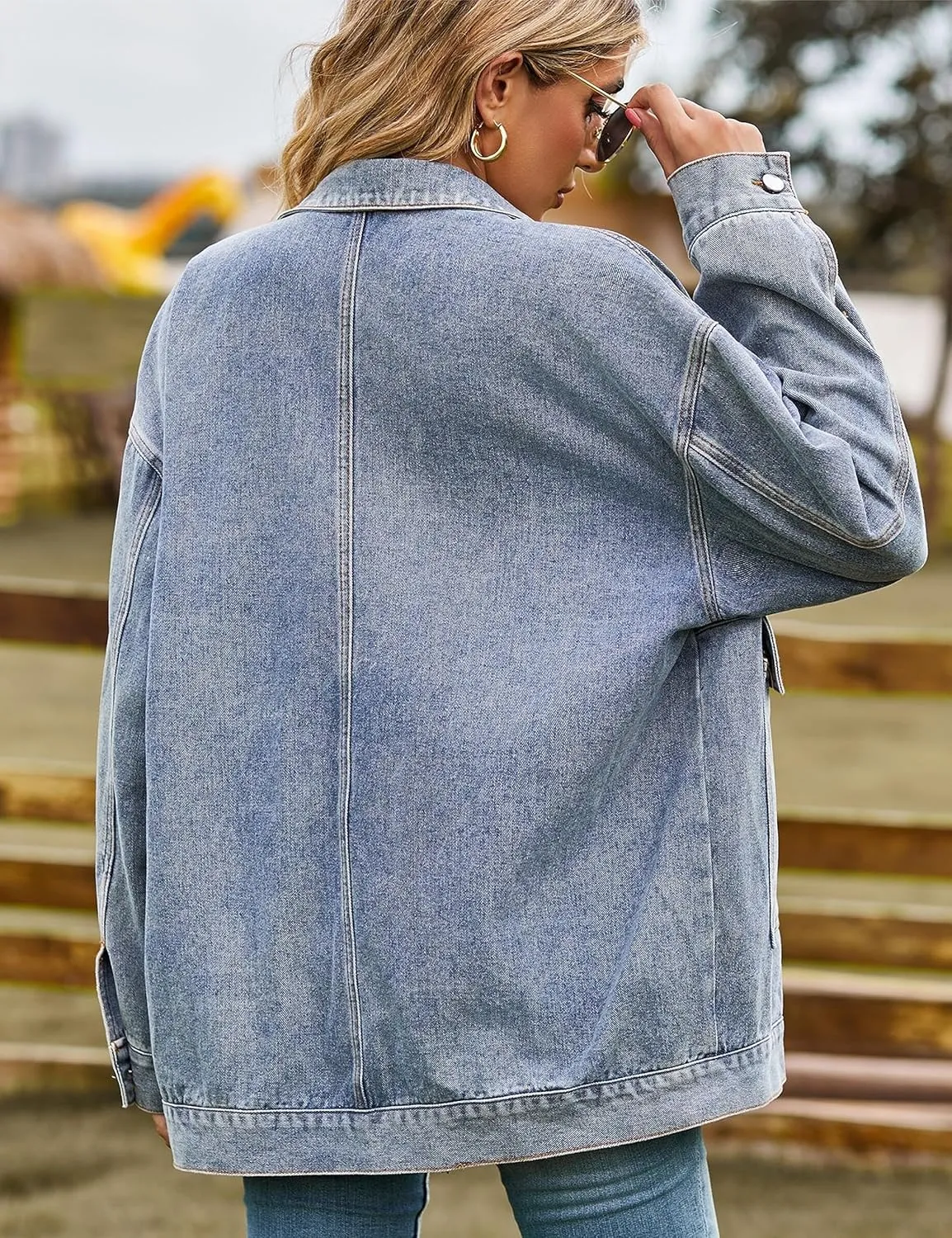 HangNiFang Aztec Denim Jacket Shacket for Women Button Down Vintage Distressed Blue Jean Jacket