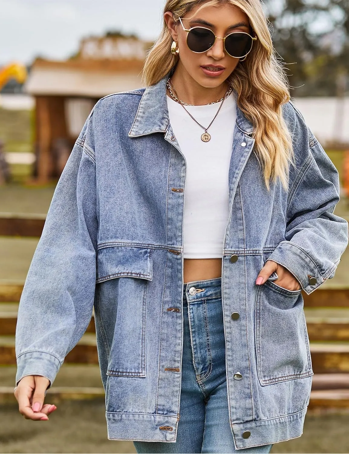 HangNiFang Aztec Denim Jacket Shacket for Women Button Down Vintage Distressed Blue Jean Jacket