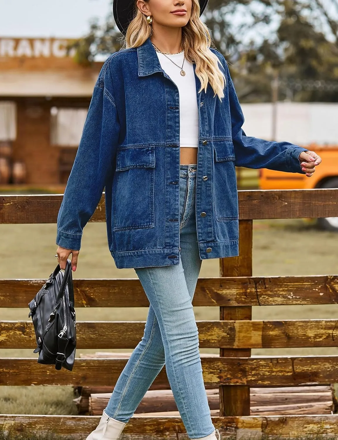 HangNiFang Aztec Denim Jacket Shacket for Women Button Down Vintage Distressed Blue Jean Jacket