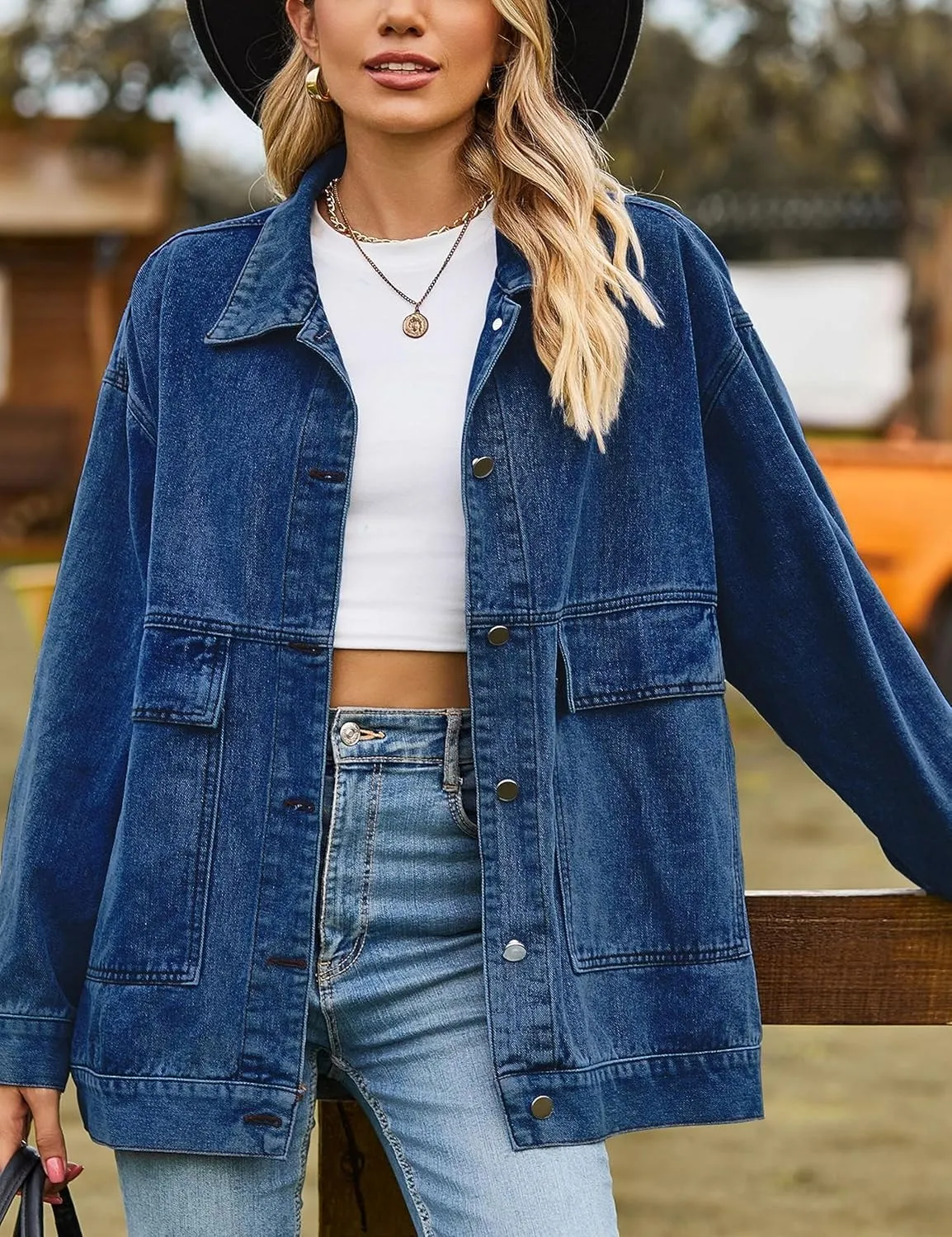HangNiFang Aztec Denim Jacket Shacket for Women Button Down Vintage Distressed Blue Jean Jacket