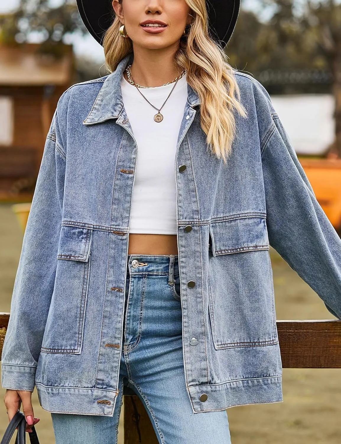 HangNiFang Aztec Denim Jacket Shacket for Women Button Down Vintage Distressed Blue Jean Jacket