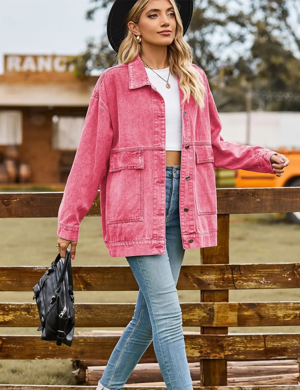 HangNiFang Aztec Denim Jacket Shacket for Women Button Down Vintage Distressed Blue Jean Jacket
