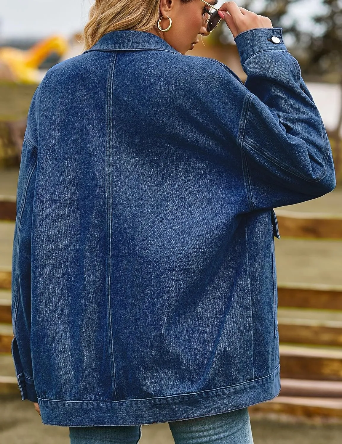 HangNiFang Aztec Denim Jacket Shacket for Women Button Down Vintage Distressed Blue Jean Jacket