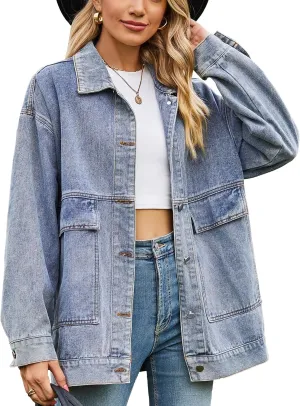 HangNiFang Aztec Denim Jacket Shacket for Women Button Down Vintage Distressed Blue Jean Jacket