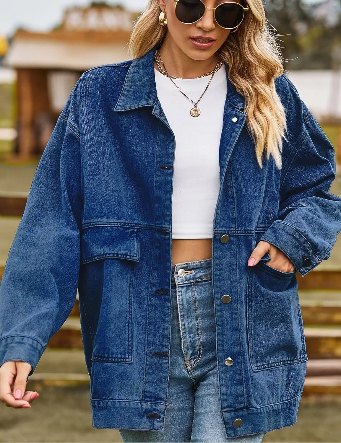 HangNiFang Aztec Denim Jacket Shacket for Women Button Down Vintage Distressed Blue Jean Jacket