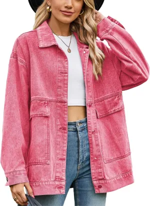 HangNiFang Aztec Denim Jacket Shacket for Women Button Down Vintage Distressed Blue Jean Jacket