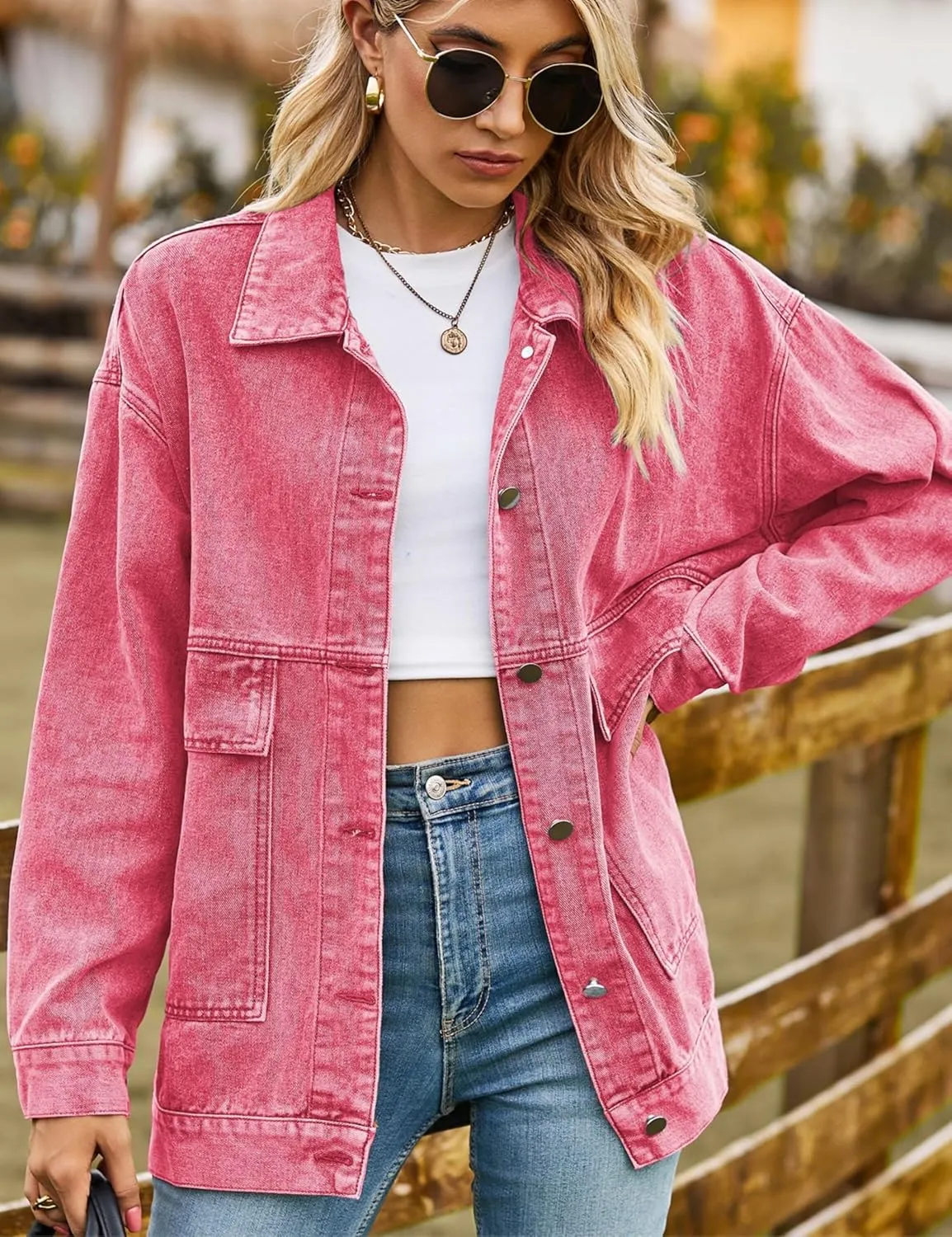HangNiFang Aztec Denim Jacket Shacket for Women Button Down Vintage Distressed Blue Jean Jacket