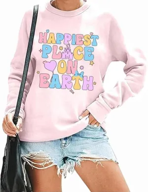Happiest Place On Earth Sweatshirts for Women Graphic Magical Tshirt Family Vacation Pullover Shirt Casual Tee Tops