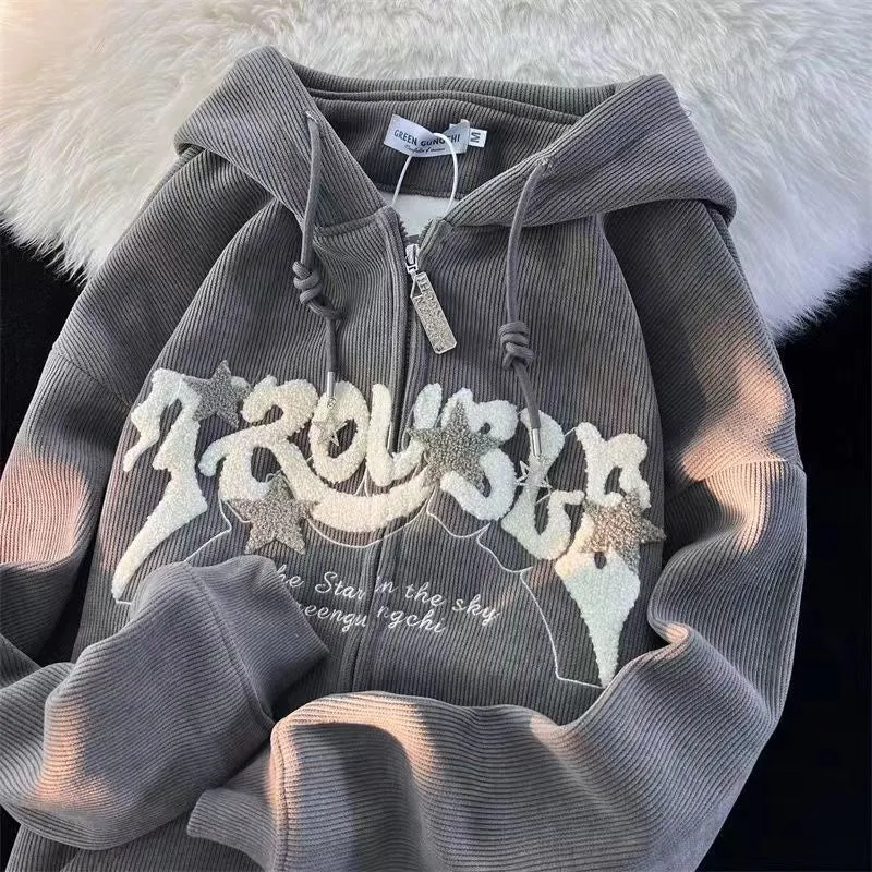 Harajuku Letter Embroidery Hoodies Women Long Sleeve Zip Up Oversize Gothic Hooded Sweatshirts Y2K Retro Angel Ears Jacket Coats